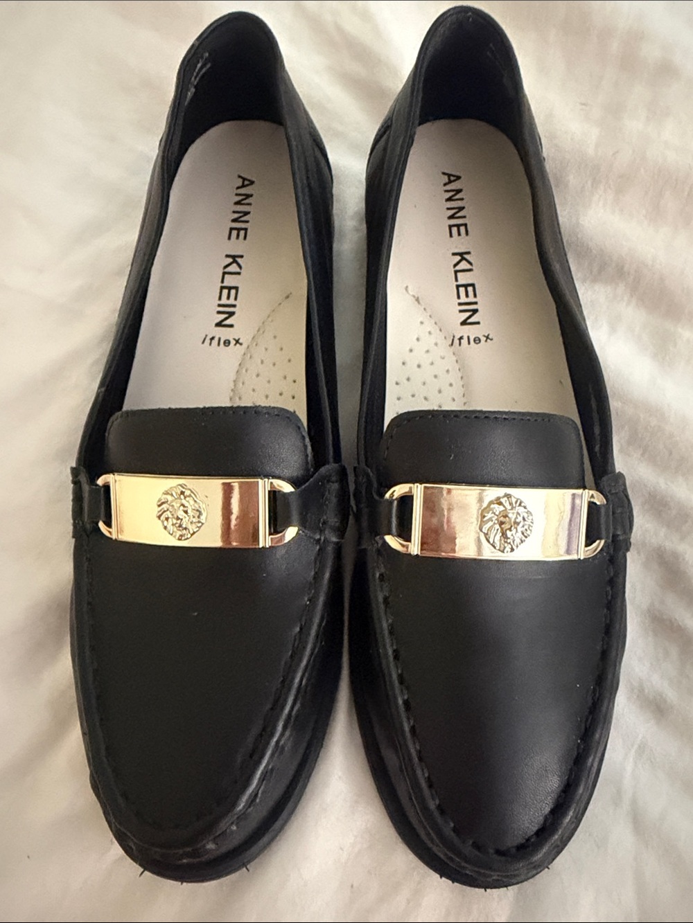 Anne Klein Black Leather Loafers with Gold Plaque